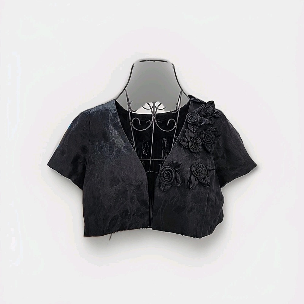 Carmen Marc Valvo Bolero Jacket Womens 8 Black Silk Floral Rosette Formal Shrug